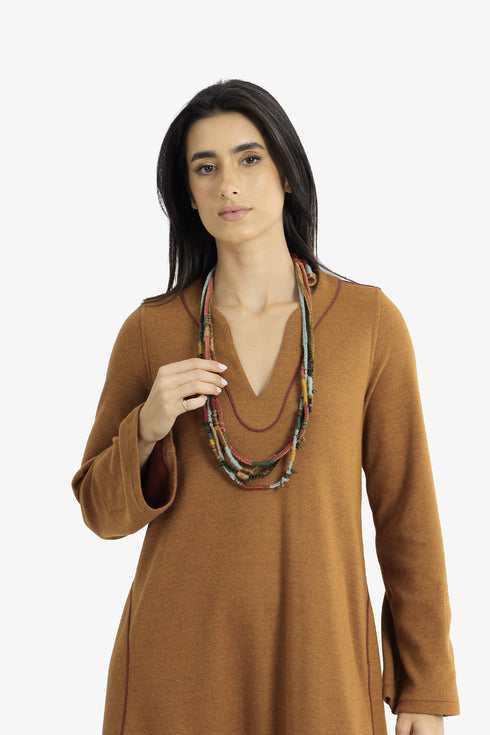 Four-layer velvet cord necklace with metal beads