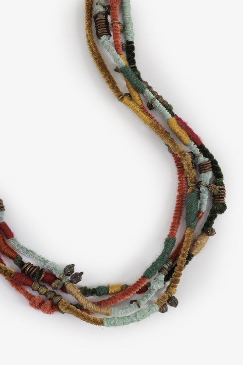 Four-layer velvet cord necklace with metal beads