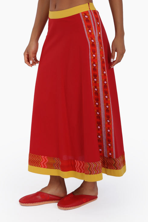 Long A line skirt in cotton poplin with contrast color trims