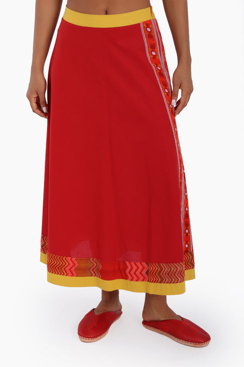 Long A line skirt in cotton poplin with contrast color trims