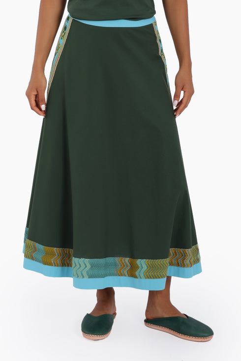 Long A line skirt in cotton poplin with contrast color trims