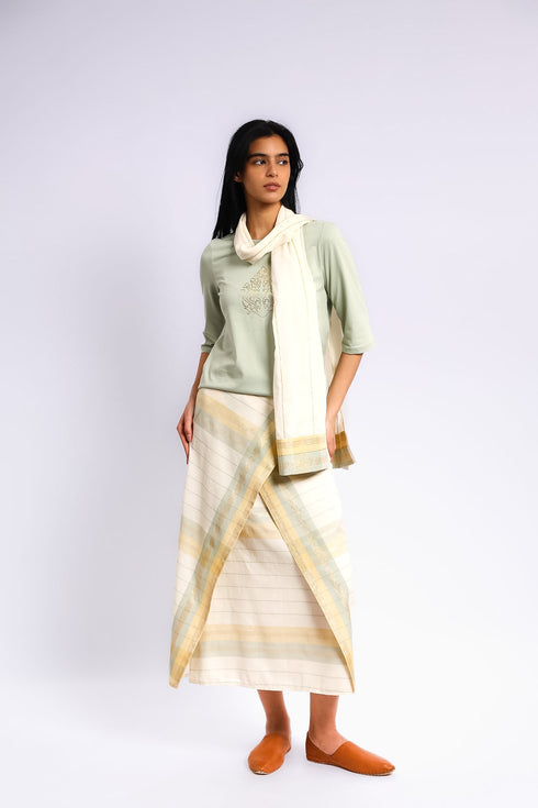 Long wrap skirt in woven striped cotton with gold thread