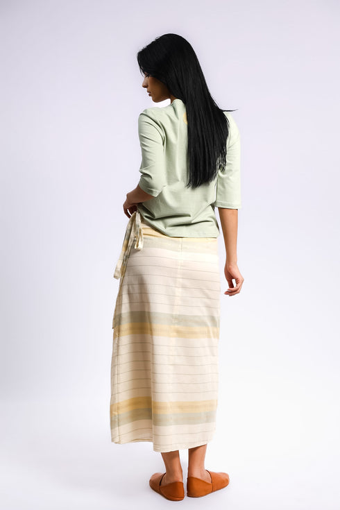 Long wrap skirt in woven striped cotton with gold thread