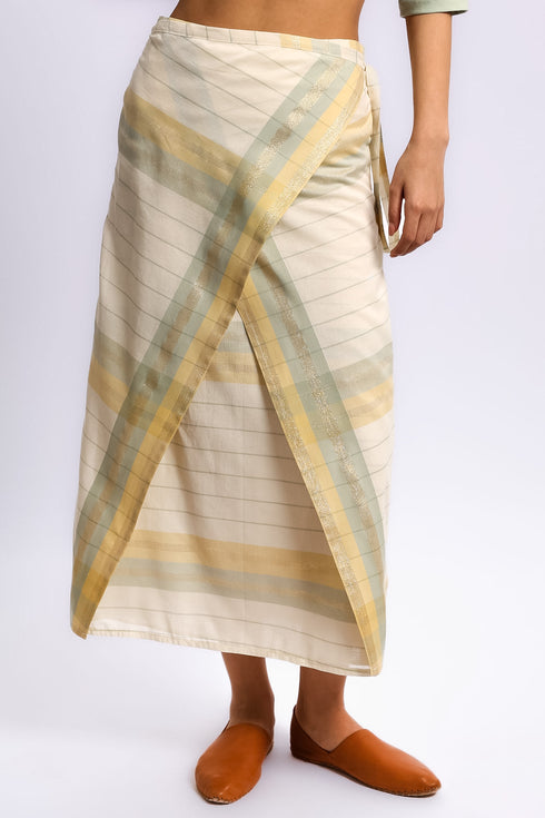 Long wrap skirt in woven striped cotton with gold thread