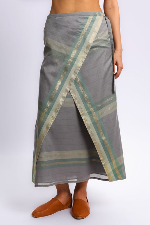 Long wrap skirt in woven striped cotton with gold thread