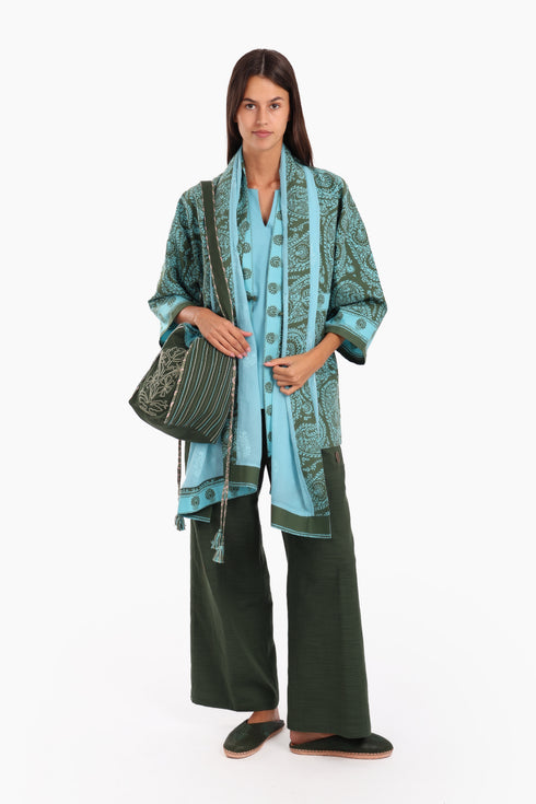 Embroidered Bucket bag in cotton with shoulder strap