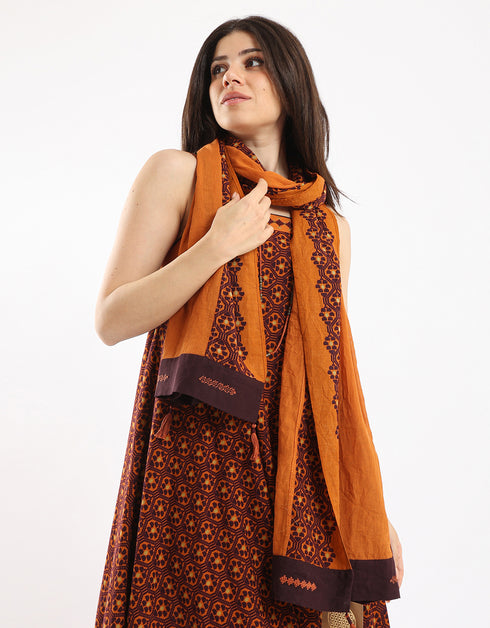 Plain light cotton scarf with printed borders