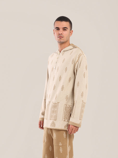 Hooded sweater with part front buttons