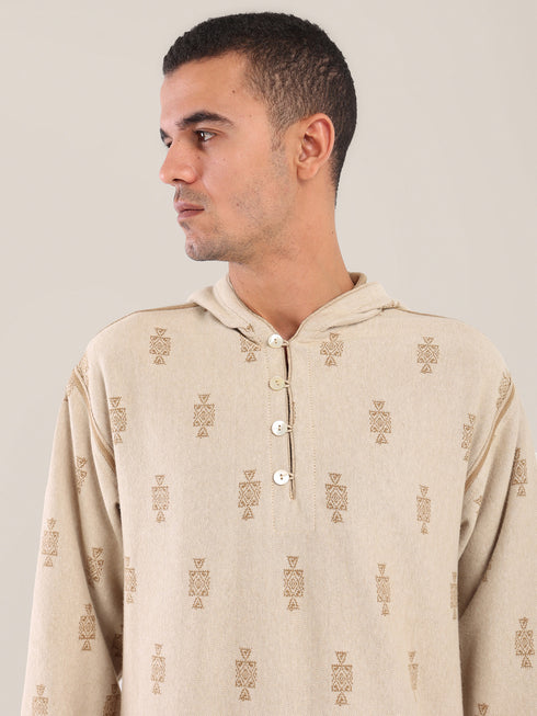 Hooded sweater with part front buttons