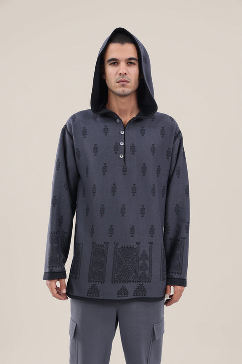 Hooded sweater with part front buttons