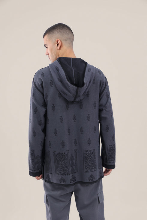 Hooded sweater with part front buttons