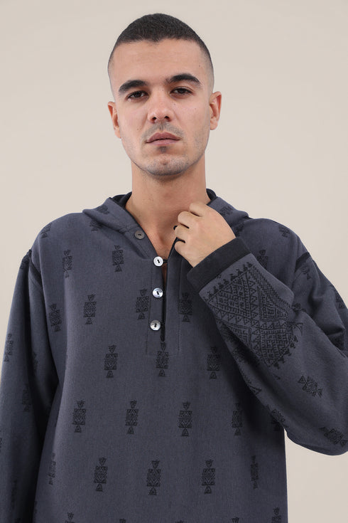 Hooded sweater with part front buttons