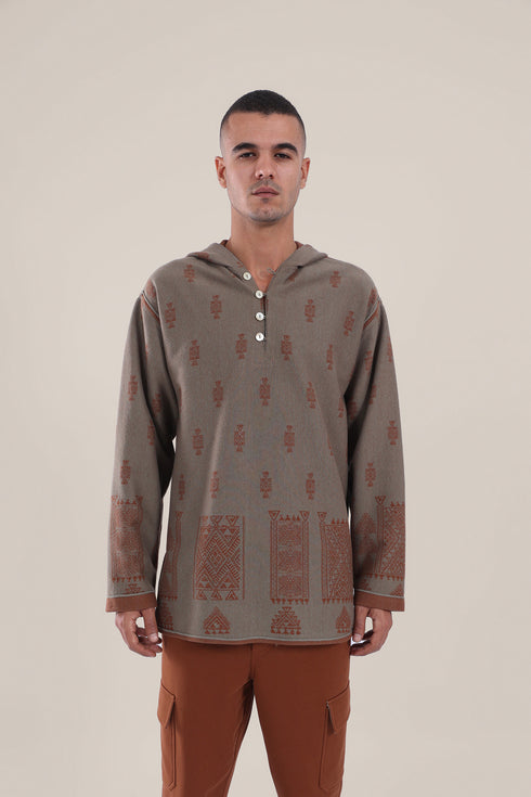 Hooded sweater with part front buttons