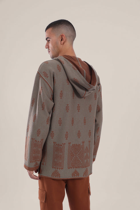 Hooded sweater with part front buttons