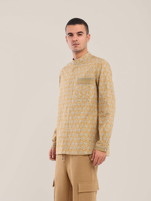 Printed cotton shirt with a stand-up collar