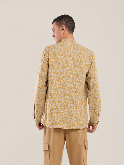 Printed cotton shirt with a stand-up collar