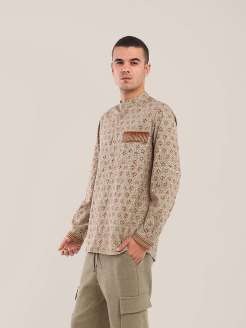 Printed cotton shirt with a stand-up collar