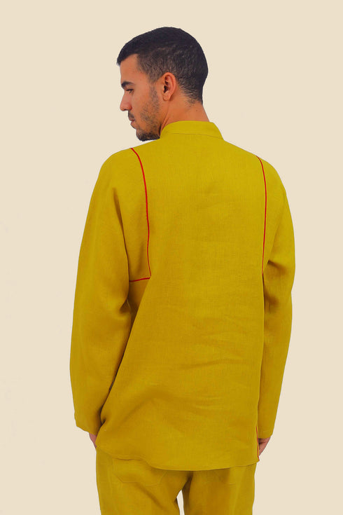 Embroidered linen shirt with button down and stand up collar