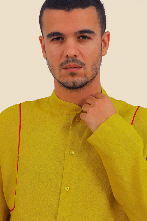 Embroidered linen shirt with button down and stand up collar