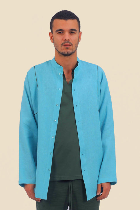 Embroidered linen shirt with button down and stand up collar