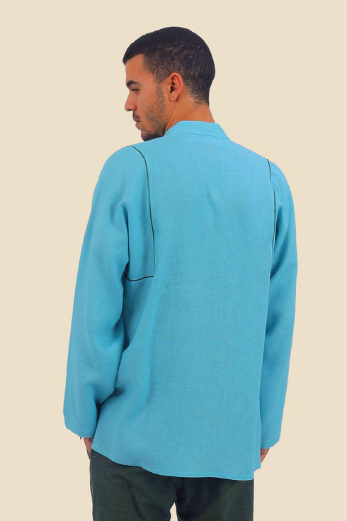 Embroidered linen shirt with button down and stand up collar