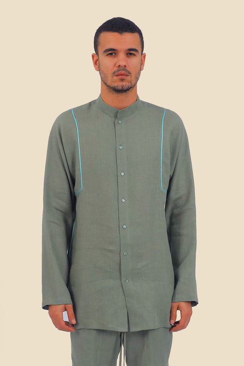 Embroidered linen shirt with button down and stand up collar