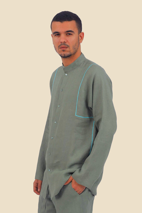 Embroidered linen shirt with button down and stand up collar