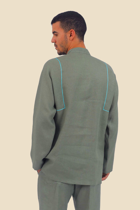 Embroidered linen shirt with button down and stand up collar