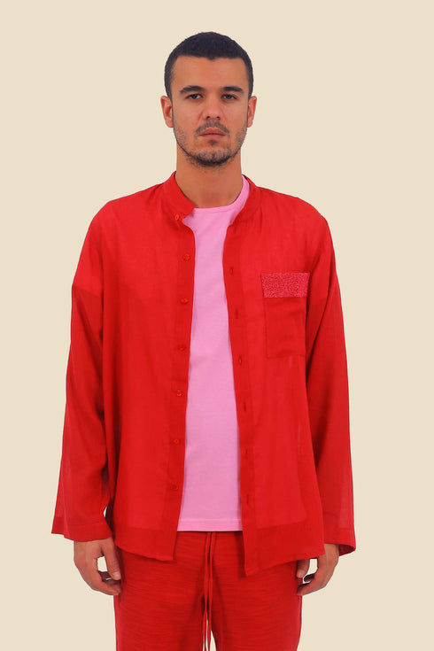 Embroidered shirt in cotton gauze with pocket