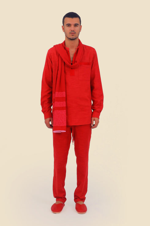 Shirt in cotton slub with high collar with slit