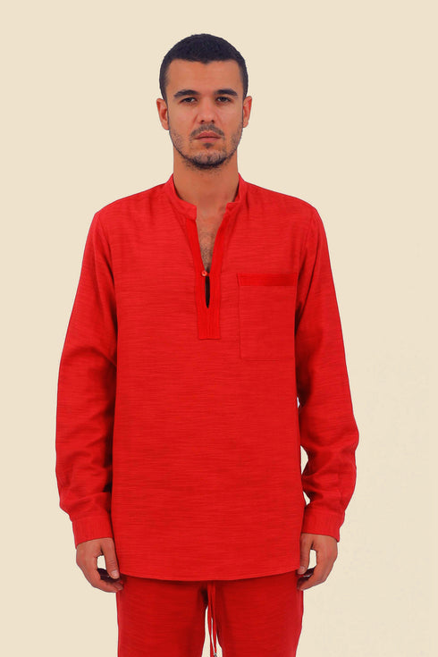 Shirt in cotton slub with high collar with slit