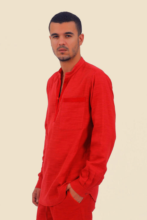 Shirt in cotton slub with high collar with slit