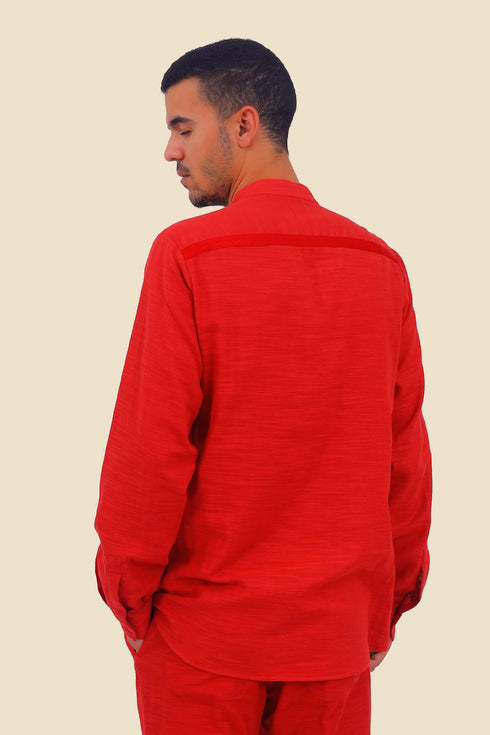 Shirt in cotton slub with high collar with slit