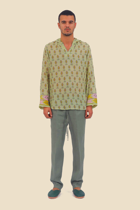 Shirt in printed cotton gauze with hoodie
