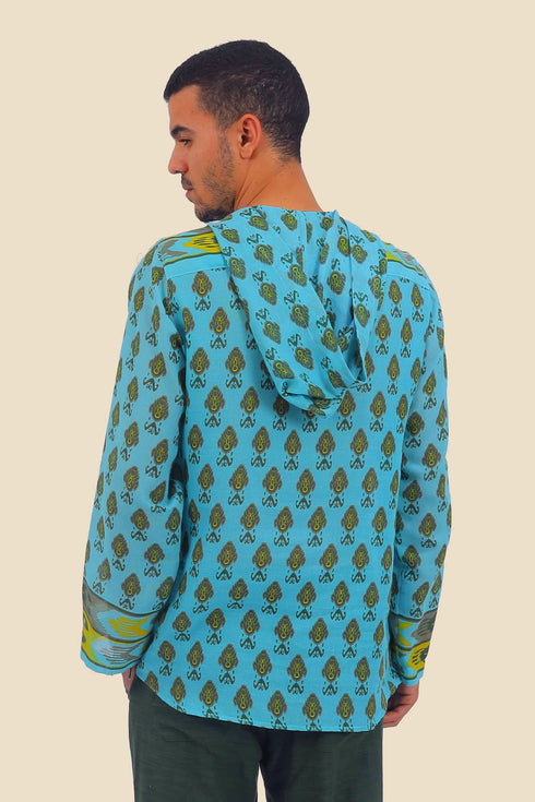 Shirt in printed cotton gauze with hoodie