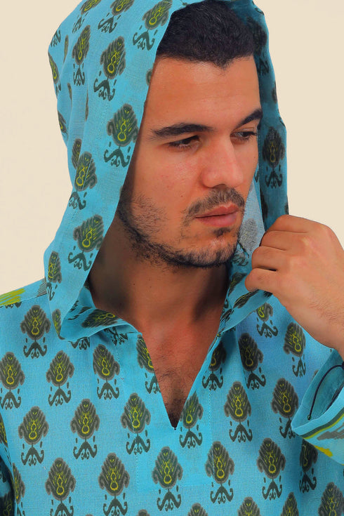 Shirt in printed cotton gauze with hoodie