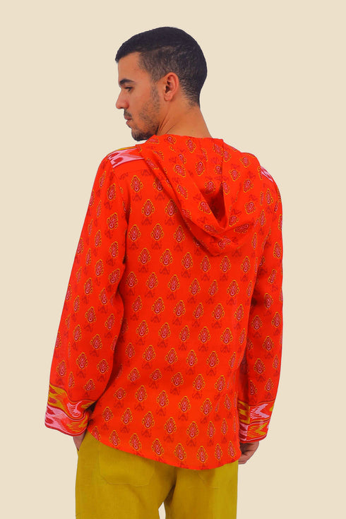 Shirt in printed cotton gauze with hoodie