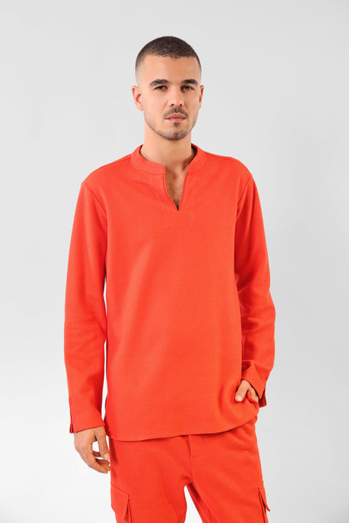 Sweater in cotton blend faux cashmere with round half collar