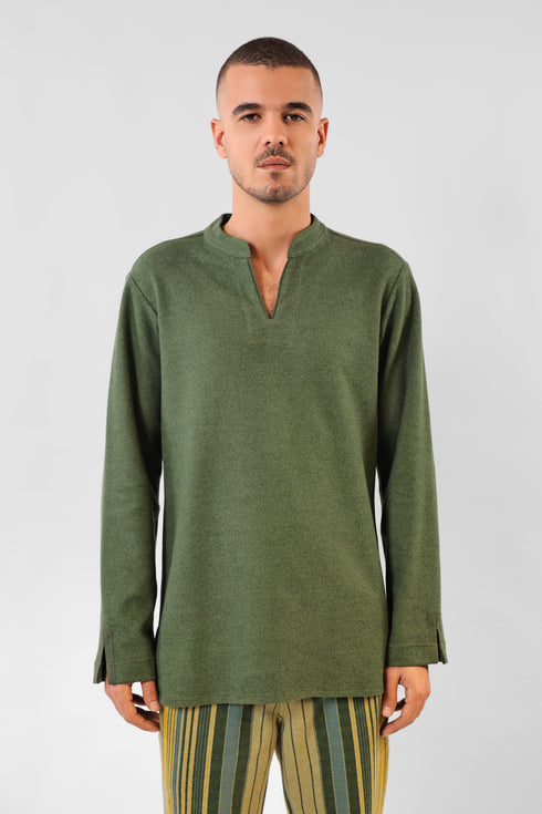 Sweater in cotton blend faux cashmere with round half collar
