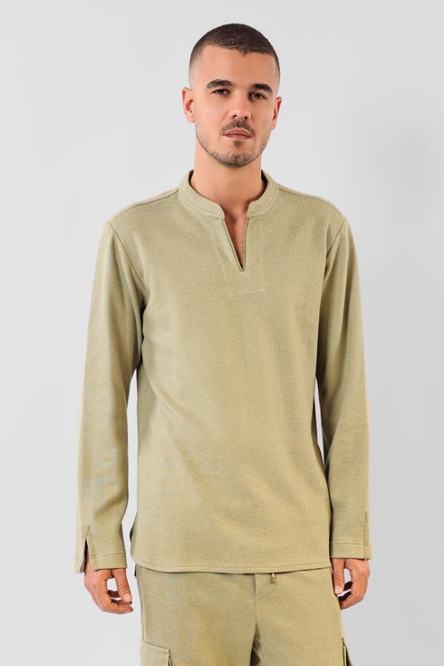 Sweater in cotton blend faux cashmere with round half collar