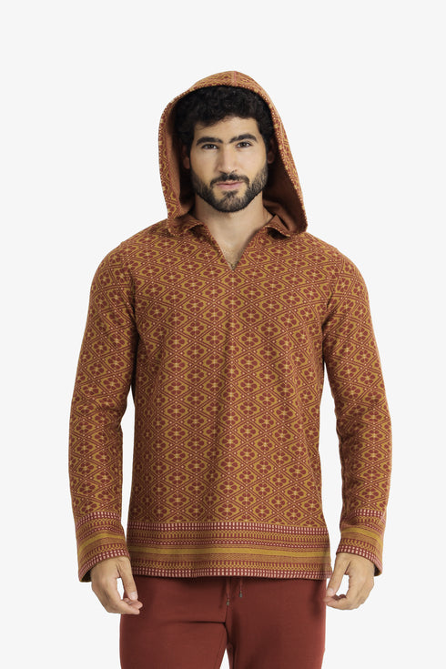 Men’s patterned jacquard hoodie with V neckline