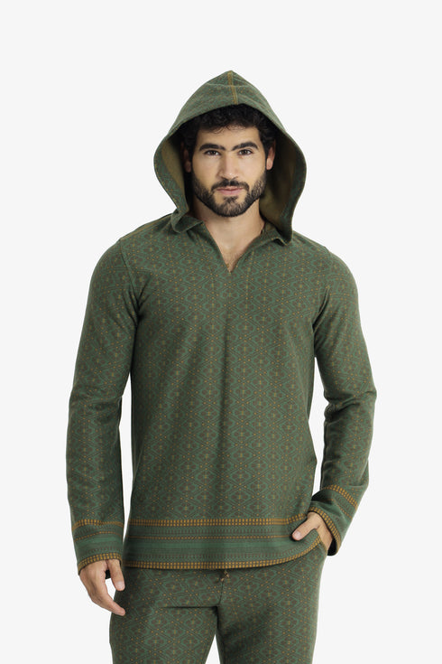 Men’s patterned jacquard hoodie with V neckline