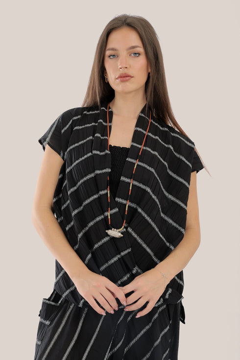Sleeveless wrap top with crinkle striped and draped front