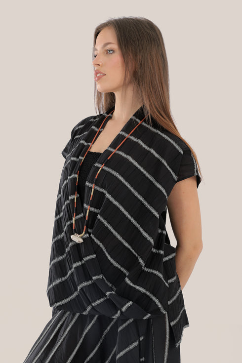Sleeveless wrap top with crinkle striped and draped front