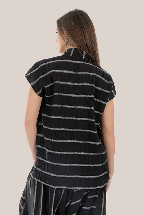 Sleeveless wrap top with crinkle striped and draped front
