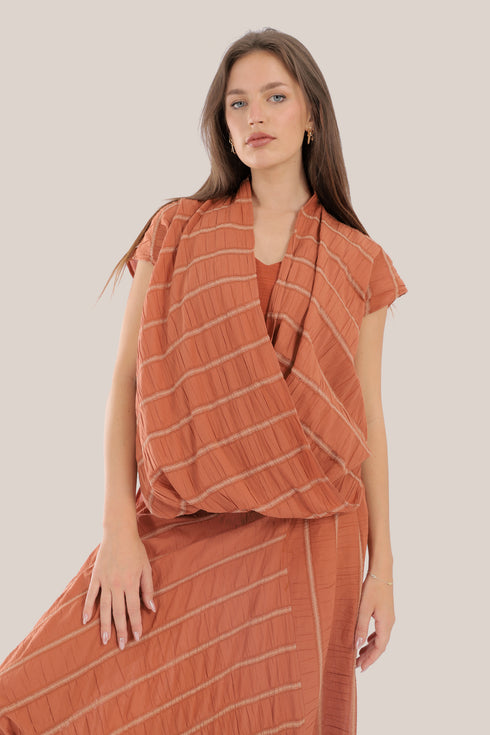 Sleeveless wrap top with crinkle striped and draped front