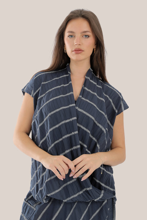 Sleeveless wrap top with crinkle striped and draped front
