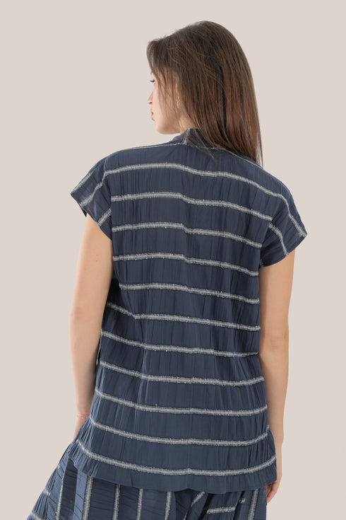 Sleeveless wrap top with crinkle striped and draped front