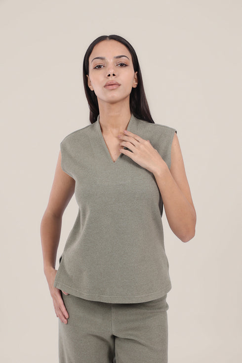 Sleeveless top in faux cashmere cotton blend
