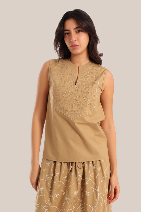 Embroidered sleeveless cotton round neckline top